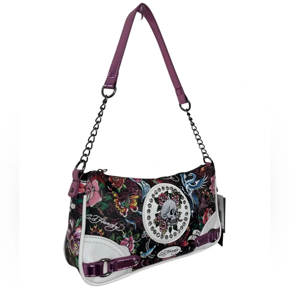 Ed Hardy Shoulder / Crossbody Bag Skull Rose Tattoo Print Rhinestone ms Y2K Punk